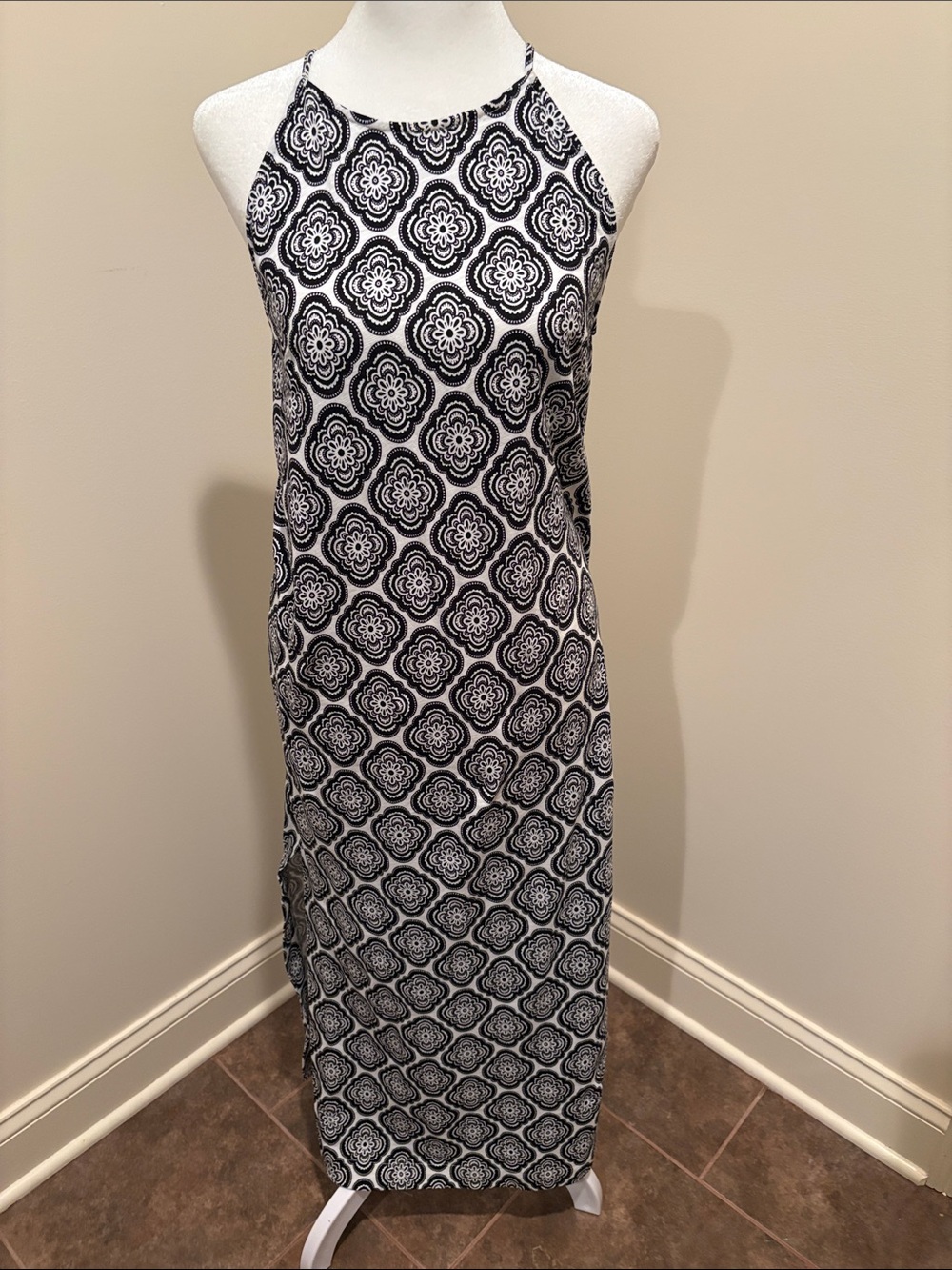 Boden Black and White Geometric Halter Maxi Dress